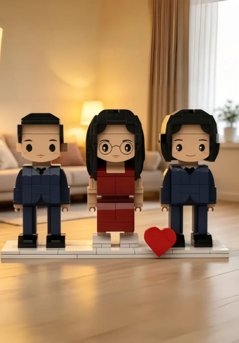 full body custom three‑person brick minifigures, personalized small particle building block figurines custom portrait keepsake gift for family of three